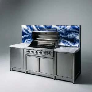 All Weather Motorized Outdoor Entertainment Hub with Built in BBQ Grill Refrigerator and Sound System