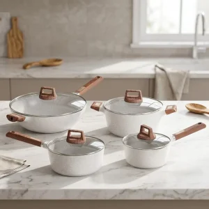 Aluminum Nonstick Cookware Set 4pcs Kitchen Frying Pan Saute Soup Pot Egg Pan with Glass Lids for Gas Induction Cooker