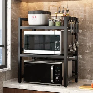 Assemblable and Detachable Single Double Layer Adjustable Width Metal Kitchen Storage Rack for Microwave Oven Standing Type