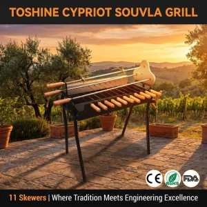 Authentic Black Cypriot Souvla Grill 11 Skewers Manual Spit Rotisserie Charcoal BBQ 85cm Wood Handle CE Certified Outdoor