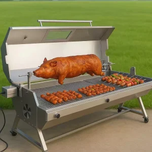 BBQ Rotisserie Grill Set with Trolley Electronic Ignition High Pressure Tube Burners for Kitchen and Party Use