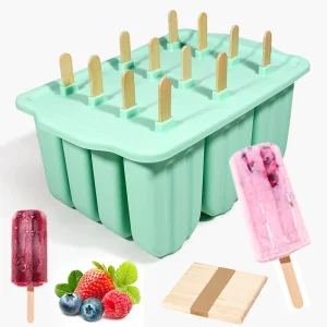 BPA Free 12 Cavity Silicone Mold with Lid and Wooden Stick Reusable Yogurt Fruit Ice Popsicle Mold DIY Ice Cream Maker Tools