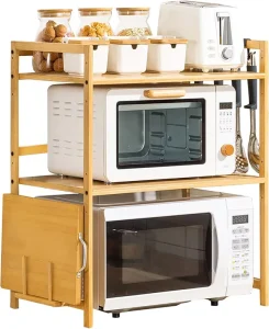 Bamboo Microwave Oven Shelf 2 Tier Oven Rack Stand Microwave Holder with 4 Hooks and Chopping Board Stand Kitchen Cabinet