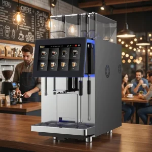 Bean to Cup Espresso Maker with Built in Grinder Fluid O Tech Milk Pump for Café Retail Convenience Store