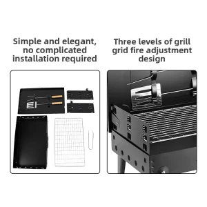 Black Box Style Home Outdoor Folding Windproof Barbecue Grill Portable Multi Function Camping BBQ Grill with Rotisserie