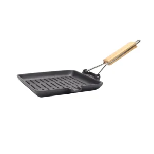 Black Cast Iron Square Grill Skillet with Wooden Handle Portable for Camping