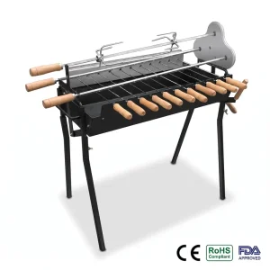 Black Cypriot Souvla Charcoal Grill 11 Skewers Manual Spit Rotisserie Wood Handle 85cm CE Certified Outdoor BBQ Steel Frame