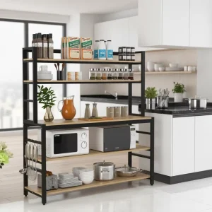 Black Kitchen Storage Rack with Wood Microwave Oven Stand Hooks
