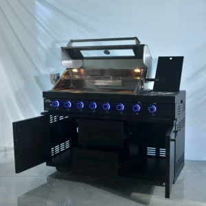 Black Stainless Steel 304 Freestanding Powder Coated 4 Burner Gas Grill BBQ Sink Fridge Cabinet Combo Button Control High