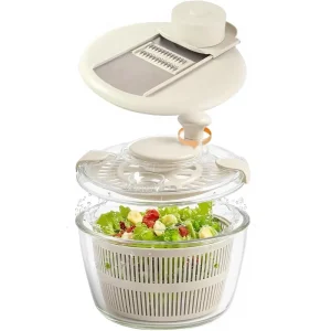 Borosilicate Glass Salad Spinner Vegetable Washer 5.2 Quart BPA Free Slicer Drain 5 Chopping Blades Dishwasher Safe