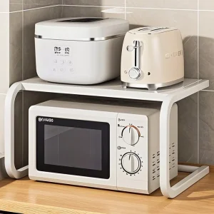 C Shape Microwave Oven Rack Carbon Steel Countertop Shelf Organizer with Upper Storage Tier for Kitchen Spice Utensil