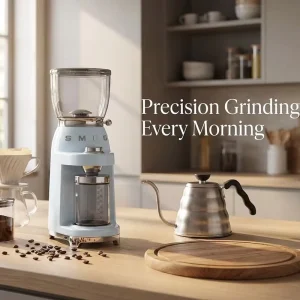 CGF01WHUK Coffee Grinder Aluminium Construction 50’s Retro Style 8 Programme Settings and 3 Grinding Grades White