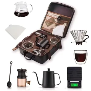 Camping Pour Over Coffee Kit Portable Hand Drip Coffee Set With Manual Grinder and Coffee Pot Outdoor Travel Coffee Gift Set