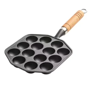Cast Iron Takoyaki Pan 12 Holes Octopus Ball Maker with Wooden Handle Nonstick Takoyaki Grill Skillet for Gas Stove Camping