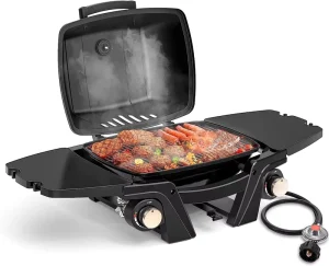 Certified Portable 2-Burner Propane BBQ Grill with Removable Side Tables Cast Iron Griddle Outdoor Camping & RV Cooking