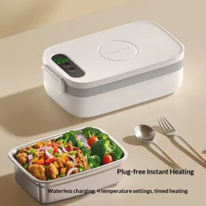 Charging Wireless Heating Electric Lunch Box No Plug in Water-Free Portable Student Timing Function Removable Liner Push-button