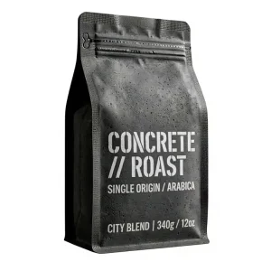 Coffee Bag Concrete Texture White Stencil Typography Flat Bottom Stand up Pouch for Urban Modern Coffee Roaster Brand