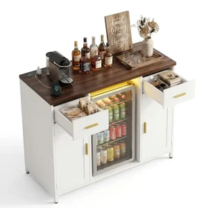 Coffee Bar Cabinet Industrial Design Wood Mini Fridge Stand with Power Outlet and Wine Glass Rack for Living Room Kitchen