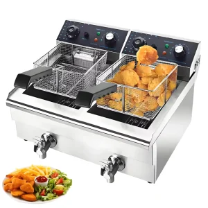 Commercial Electric Double Deep Fryer 10+10L Temperature Control Removable 20L Stainless Steel Oil Container Basket