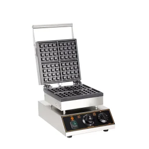Commercial Electric Stainless Steel 4 Slice Square Egg Waffle Maker Non Stick Coating Temperature Time Control Fast