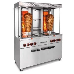 Commercial Grade Large Capacity Dual Burner Gas Shawarma Machine Upright Rotisserie Large Storage Cabinet for Barbecue
