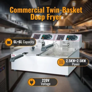 Commercial Hot Dog & Fried Chicken Deep Fryer Electric 110-220V 2.5KW+2.5KW Open Fryer for Restaurants