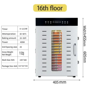 Commercial Stainless Steel Fruit Dryer 16 Trays Dehydrating Machine for Meat