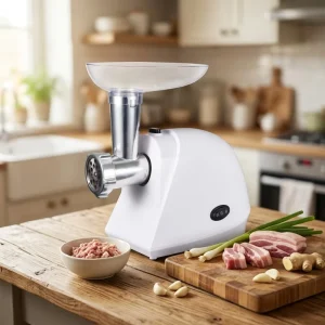 Compact White Electric Meat Grinder and Sausage Maker with Stainless Steel 350W Easy to Operate for Home Kitchen Use