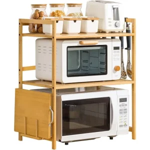 Condiment Spice Rack Microwave Oven Storage Shelf Bamboo Microwave Stand Kitchen Countertop Organizer Baker Rack 2 Shelves