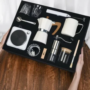 Corporate Coffee Gift Set Moka Pot Coffee Grinder Electric Stove Latte Cup Milk Frother in Gift Box for Business Home Use