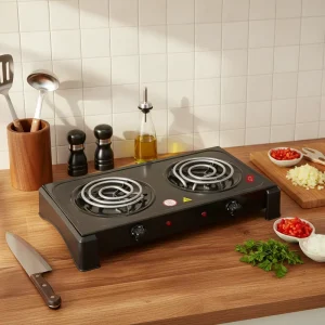 Countertop Double Burner 2000W Electric Hot Plate Temperature Controls Power Indicator Lights Easy to Clean