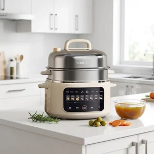 Cream White Electric 4.5 Qt Stainless Steel Slow Cooker Multi Function Micro pressure Sous Vide 96% Oil Removal High Low Temp