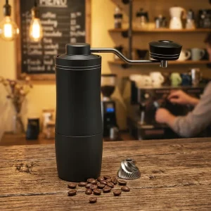 Curved CNC 420 Stainless Steel Burr Manual Coffee Grinder with Aluminum Alloy Body Dual Bearing Portable