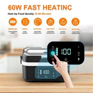 Custom 20000mAh Rechargeable Thermal Lunch Box 1.35L Stainless Steel Portable Cordless Electric Lunch Box for Student