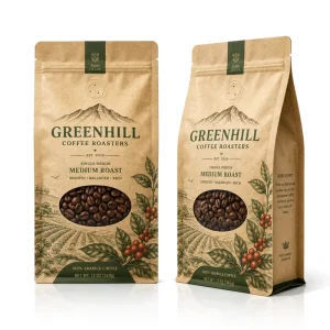 Custom Kraft Paper Stand up Coffee Pouch With Oval Window Zipper Valve Printed Whole Bean Packaging Bag for Organic Roasters