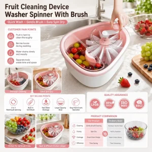 Custom Logo 3-in-1 Fruit Washer and Vegetable Spinner with Cleaning Brush Factory Direct for Private Label Brands