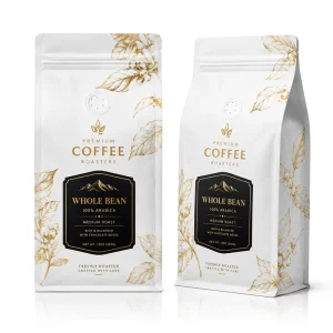 Custom Matte White Coffee Bag With Valve Zipper Gold Foil Botanical Printing Flat Bottom Whole Bean Packaging Pouch