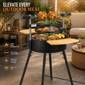 Custom OEM ODM Santa Maria Argentine BBQ Grill Stainless Steel Lifting Grate Heavy Duty Charcoal Wood Fire Grill with Rotisserie