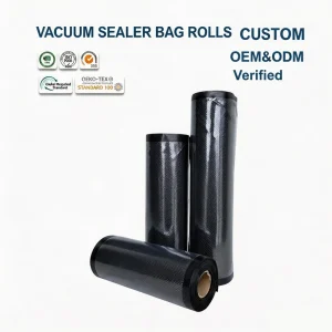 Custom Printed Black Embossed Vacuum Sealer Bag Rolls Food Vacuum Packing Bag Roll for Household Food Storage