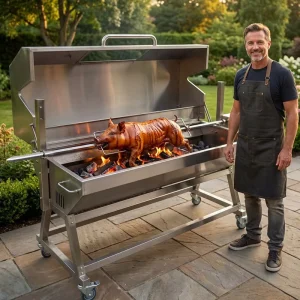 Custom Stainless Steel BBQ Rotisserie Spit Pig Spit Roast Rotisserie With Hood Electric Motor Automatic Whole Lamb Roaster Gear