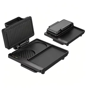 Customized Logo Open 180 Degree Non Stick Coating BBQ Griddle Grill Automatical Multi Function Breakfast Maker with Oil Tray