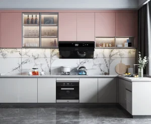 Customized Pink and Gray Kitchen Set with Integrated Appliances and Intelligent Storage Functions