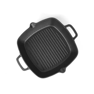 Deep Square Cast Iron Grease Draining Grill Pan Pre Seasoned Non stick Skillet with Two Pour Spouts & Dual Handles
