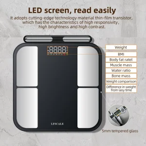 Digital Bioimpedance Body Fat Scale for Glass Material 180kg Capacity for Bathroom Kitchen Use Body Fat Weighing