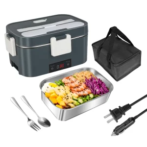 Digital Electric Heated 1.5L Lunch Box 2 in 1 220V Portable Food Warmer LED Display 304 Stainless Steel Bento Box Carry Bag Car