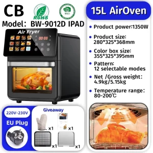 Digital Smart Electric Square Air Fryer Oven Touchscreen Display Stainless Steel for Household