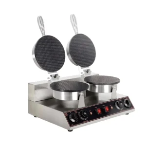 Double Cone Electric Waffle Cone Maker 2.4kW Non Stick Round Mold Timer for Ice Cream Cones Commercial Use