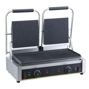Double Head Full Grooved Electric Panini Grill with Stainless Steel and Temperature Control Portable