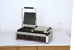 Double Head Full Ribbed Contact Grill Electric Steak Griddle for Restaurant Catering Kitchen Equipment