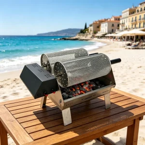 Double-Row Electric Rotating Charcoal Grill 304 Rack & High-Temp Tray for Beach Cookouts